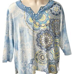 Alfred Dunner Mandala Print 3/4 Sleeve Top Women’s XL – Blue/Yellow